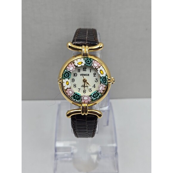 Venice Murano Millefiori Glass Border Womens Quartz Watch Leather New Battery - Picture 1 of 12